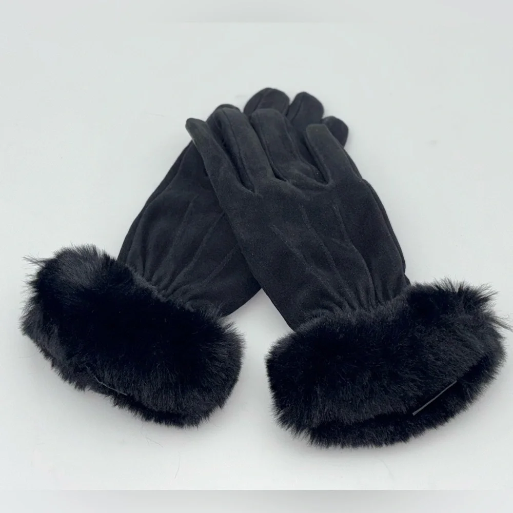NEW Deer Suede Leather Driving Gloves Skin Faux Fur Cuff Black‎ Touchscreen Wool